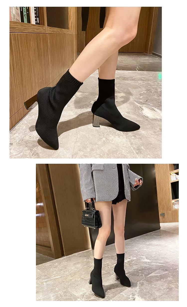 2023 New Autumn Winter Thick High-heeled All-match Thin and Thin Boots Women's Pointed Toe Mid-tube Elastic Socks Boots Women