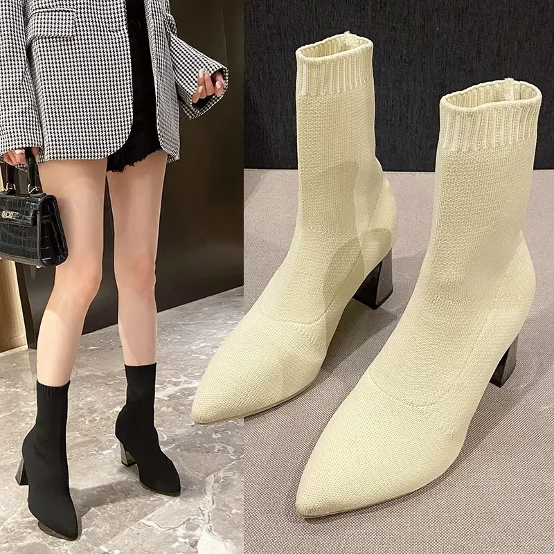 2023 New Autumn Winter Thick High-heeled All-match Thin and Thin Boots Women's Pointed Toe Mid-tube Elastic Socks Boots Women