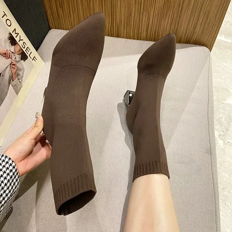 2023 New Autumn Winter Thick High-heeled All-match Thin and Thin Boots Women's Pointed Toe Mid-tube Elastic Socks Boots Women
