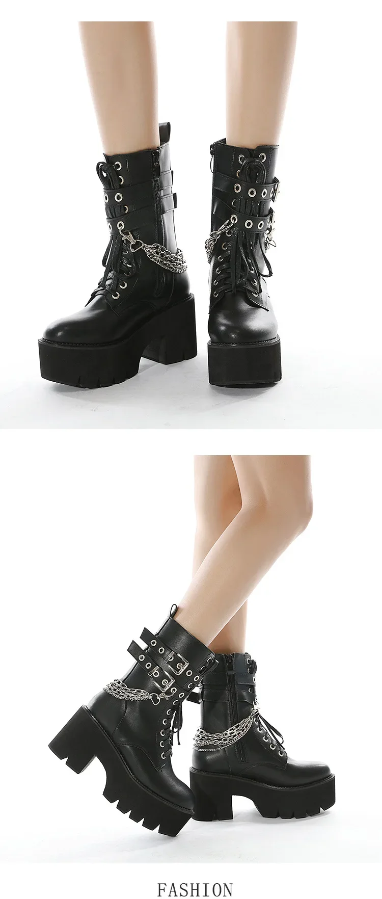 High Quality Leather Gothic Black Boots Women Heel Sexy Chain Chunky Heel Platform Boots Female Punk Style Ankle Boots Zipper