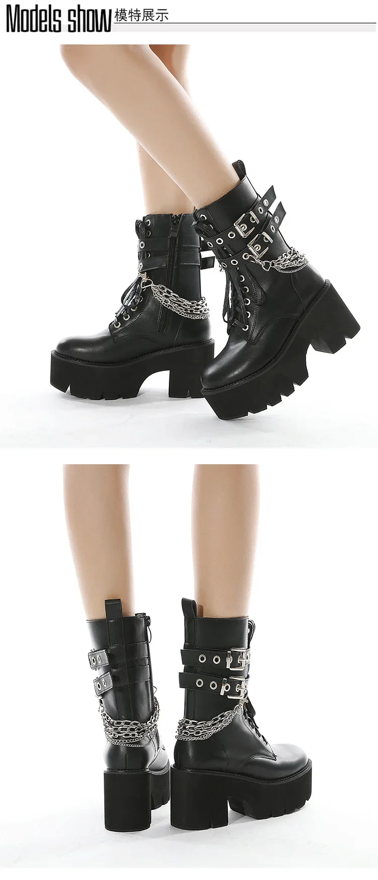 High Quality Leather Gothic Black Boots Women Heel Sexy Chain Chunky Heel Platform Boots Female Punk Style Ankle Boots Zipper