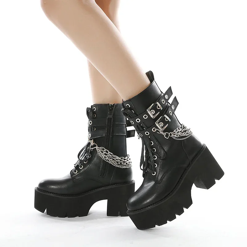 High Quality Leather Gothic Black Boots Women Heel Sexy Chain Chunky Heel Platform Boots Female Punk Style Ankle Boots Zipper High Quality Leather Gothic Black Boots Women Heel Sexy Chain Chunky Heel Platform Boots Female Punk Style Ankle Boots Zipper