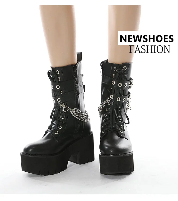 High Quality Leather Gothic Black Boots Women Heel Sexy Chain Chunky Heel Platform Boots Female Punk Style Ankle Boots Zipper