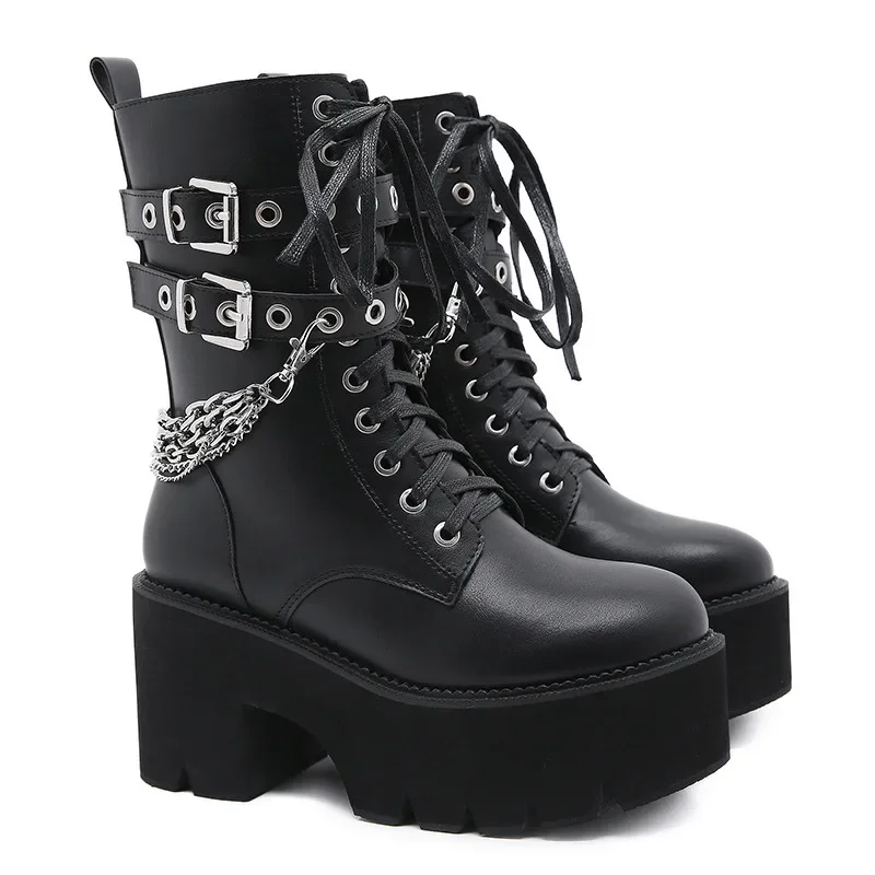 High Quality Leather Gothic Black Boots Women Heel Sexy Chain Chunky Heel Platform Boots Female Punk Style Ankle Boots Zipper High Quality Leather Gothic Black Boots Women Heel Sexy Chain Chunky Heel Platform Boots Female Punk Style Ankle Boots Zipper