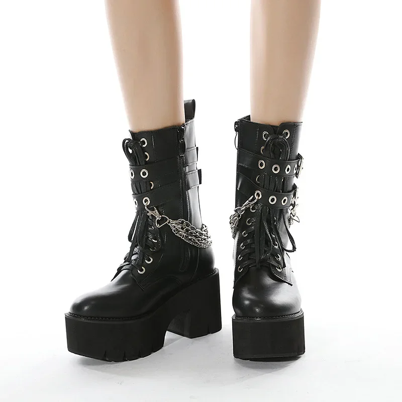High Quality Leather Gothic Black Boots Women Heel Sexy Chain Chunky Heel Platform Boots Female Punk Style Ankle Boots Zipper High Quality Leather Gothic Black Boots Women Heel Sexy Chain Chunky Heel Platform Boots Female Punk Style Ankle Boots Zipper