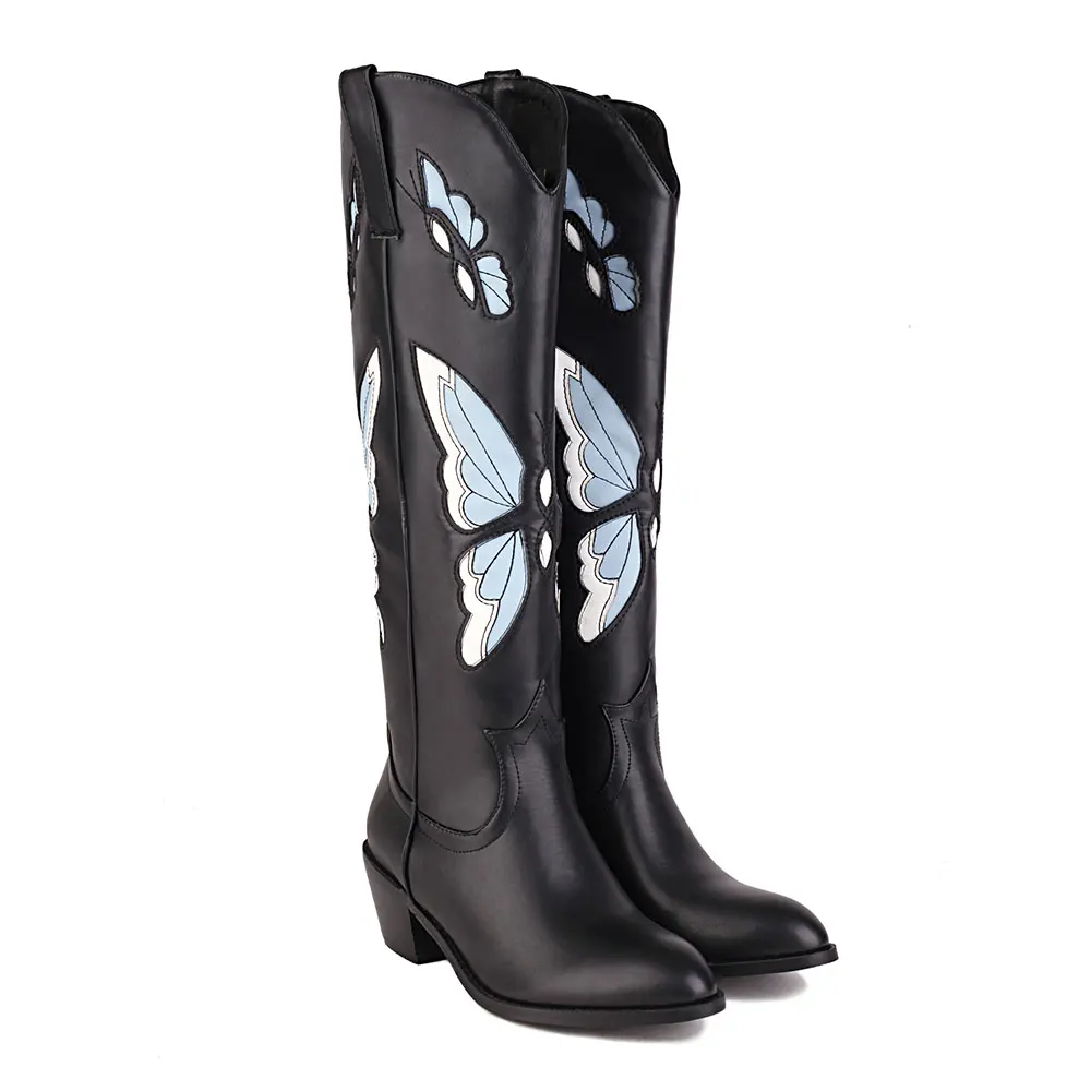 2025 Brand New Big size 43 Red Butterfly Cowboy Boots for Women Black Vintage Slip On Cowgirls Knee High Boots Shoes 2025 Brand New Big size 43 Red Butterfly Cowboy Boots for Women Black Vintage Slip On Cowgirls Knee High Boots Shoes