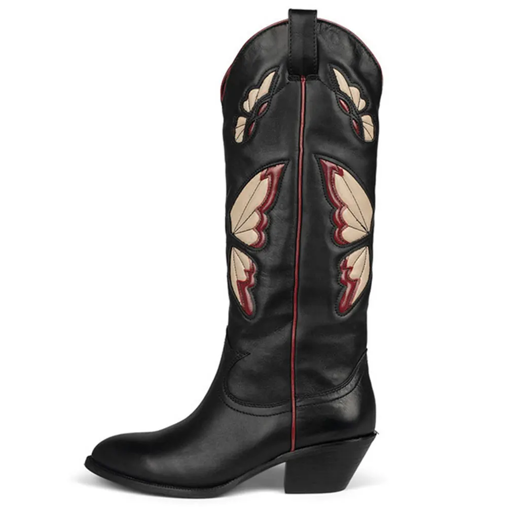 2025 Brand New Big size 43 Red Butterfly Cowboy Boots for Women Black Vintage Slip On Cowgirls Knee High Boots Shoes 2025 Brand New Big size 43 Red Butterfly Cowboy Boots for Women Black Vintage Slip On Cowgirls Knee High Boots Shoes