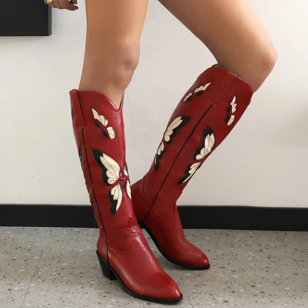 2025 Brand New Big size 43 Red Butterfly Cowboy Boots for Women Black Vintage Slip On Cowgirls Knee High Boots Shoes 2025 Brand New Big size 43 Red Butterfly Cowboy Boots for Women Black Vintage Slip On Cowgirls Knee High Boots Shoes