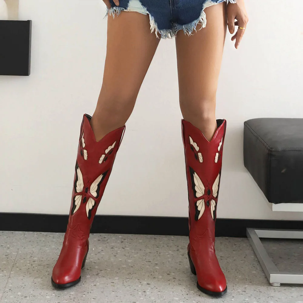 2025 Brand New Big size 43 Red Butterfly Cowboy Boots for Women Black Vintage Slip On Cowgirls Knee High Boots Shoes 2025 Brand New Big size 43 Red Butterfly Cowboy Boots for Women Black Vintage Slip On Cowgirls Knee High Boots Shoes