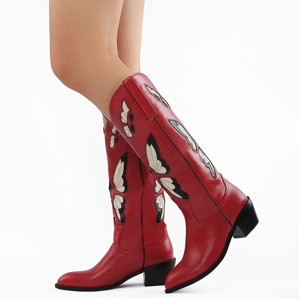 2025 Brand New Big size 43 Red Butterfly Cowboy Boots for Women Black Vintage Slip On Cowgirls Knee High Boots Shoes 2025 Brand New Big size 43 Red Butterfly Cowboy Boots for Women Black Vintage Slip On Cowgirls Knee High Boots Shoes
