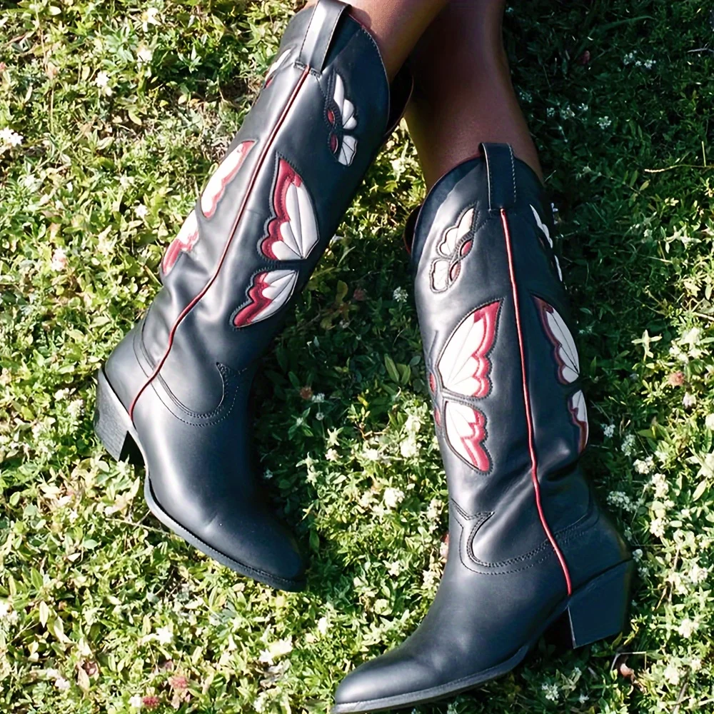 2025 Brand New Big size 43 Red Butterfly Cowboy Boots for Women Black Vintage Slip On Cowgirls Knee High Boots Shoes 2025 Brand New Big size 43 Red Butterfly Cowboy Boots for Women Black Vintage Slip On Cowgirls Knee High Boots Shoes