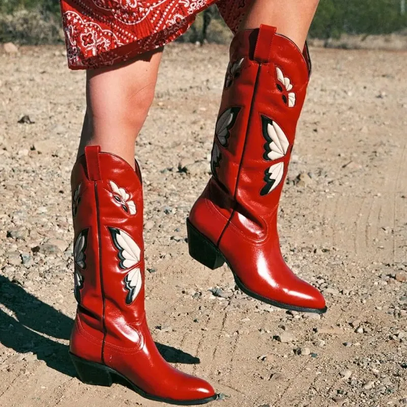2025 Brand New Big size 43 Red Butterfly Cowboy Boots for Women Black Vintage Slip On Cowgirls Knee High Boots Shoes 2025 Brand New Big size 43 Red Butterfly Cowboy Boots for Women Black Vintage Slip On Cowgirls Knee High Boots Shoes