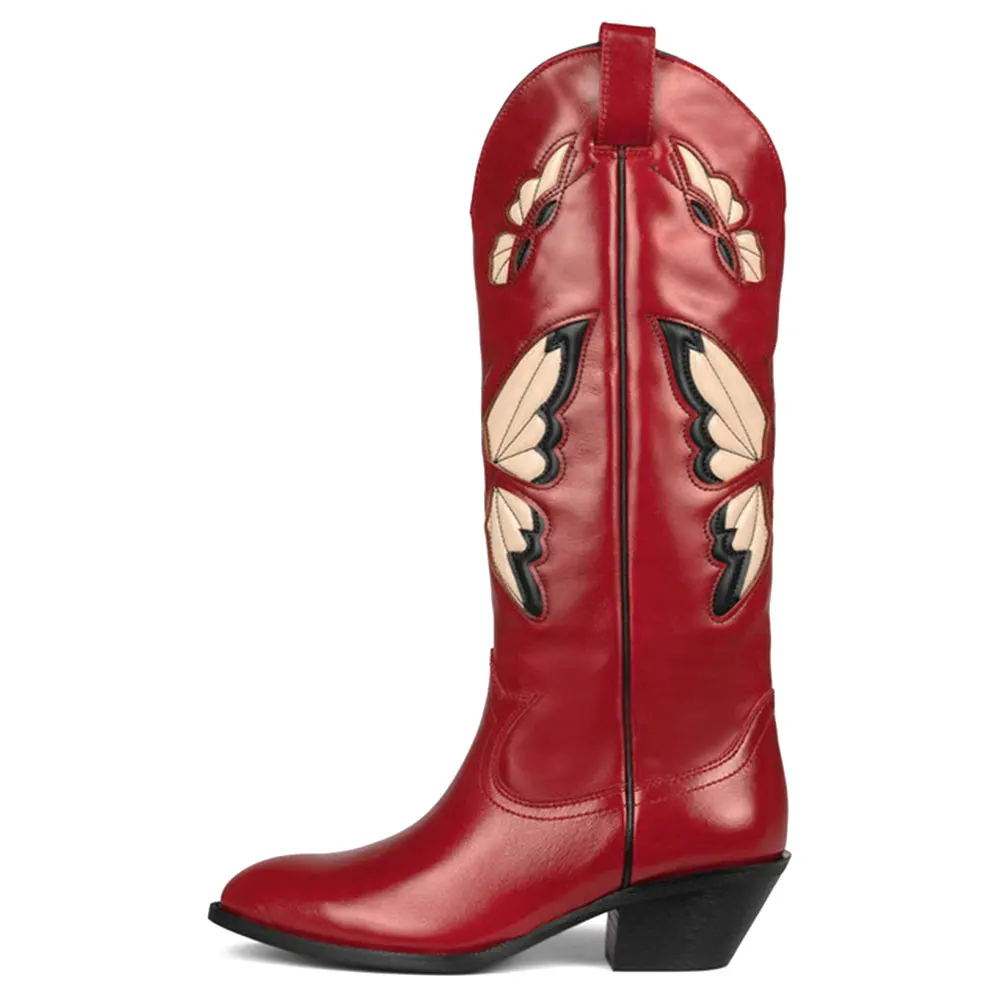 2025 Brand New Big size 43 Red Butterfly Cowboy Boots for Women Black Vintage Slip On Cowgirls Knee High Boots Shoes 2025 Brand New Big size 43 Red Butterfly Cowboy Boots for Women Black Vintage Slip On Cowgirls Knee High Boots Shoes