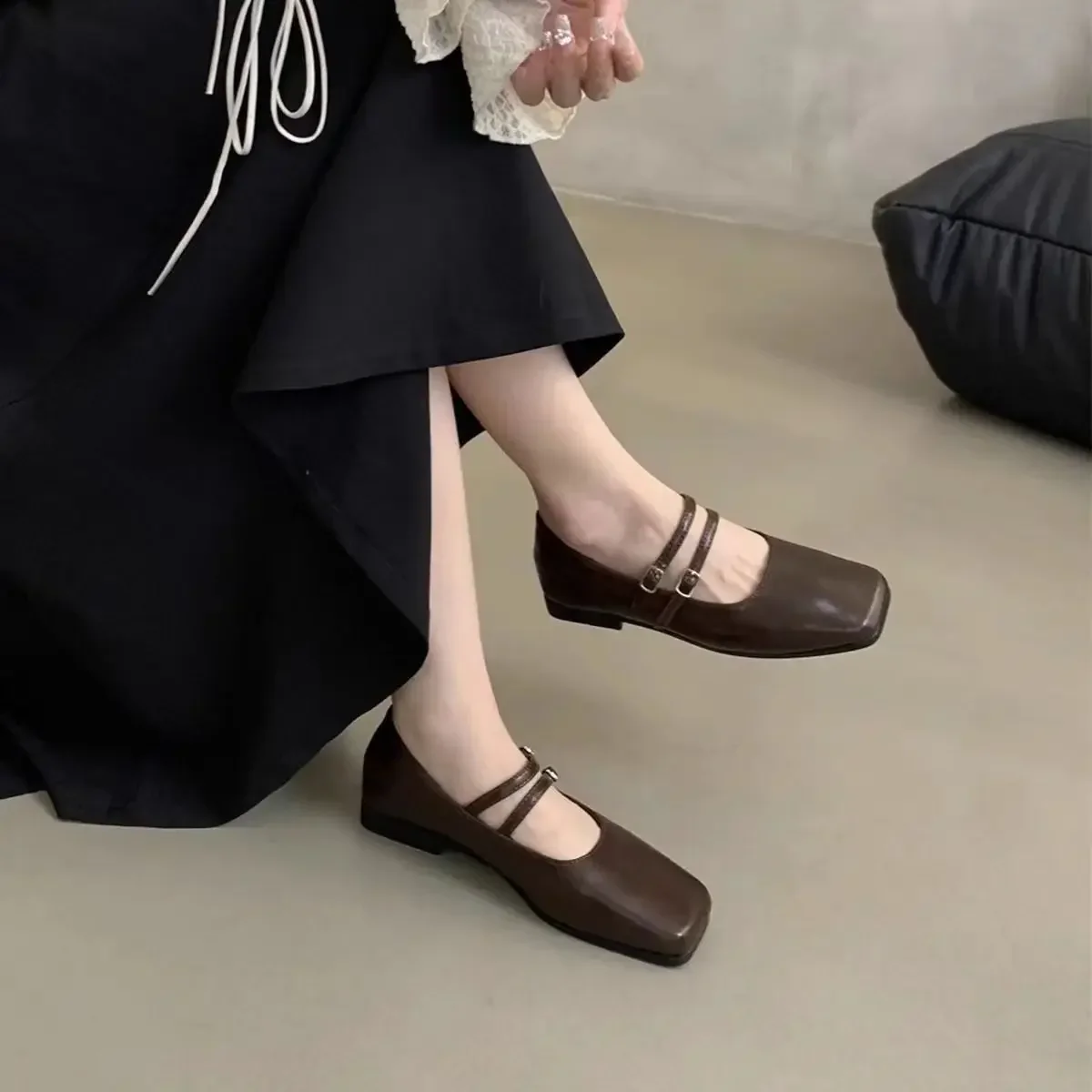 Shoes for Women Fashion One-word Buckle Women's Flats Spring Square Toe Solid Shallow Mouth Dress Daily Mary Jane Shoes