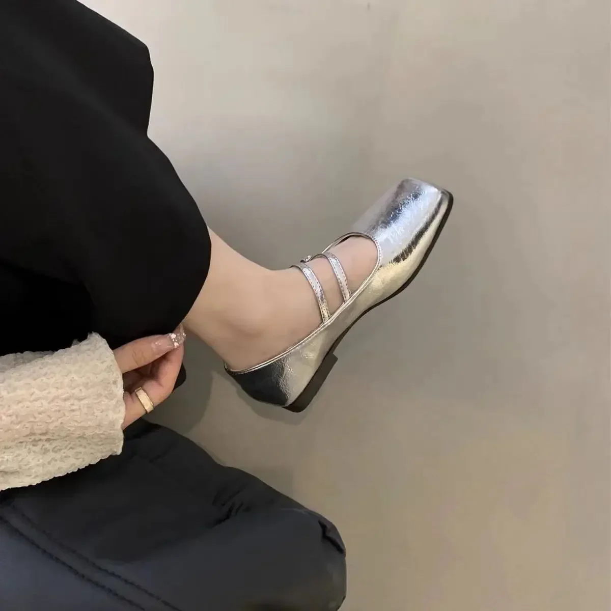 Shoes for Women Fashion One-word Buckle Women's Flats Spring Square Toe Solid Shallow Mouth Dress Daily Mary Jane Shoes