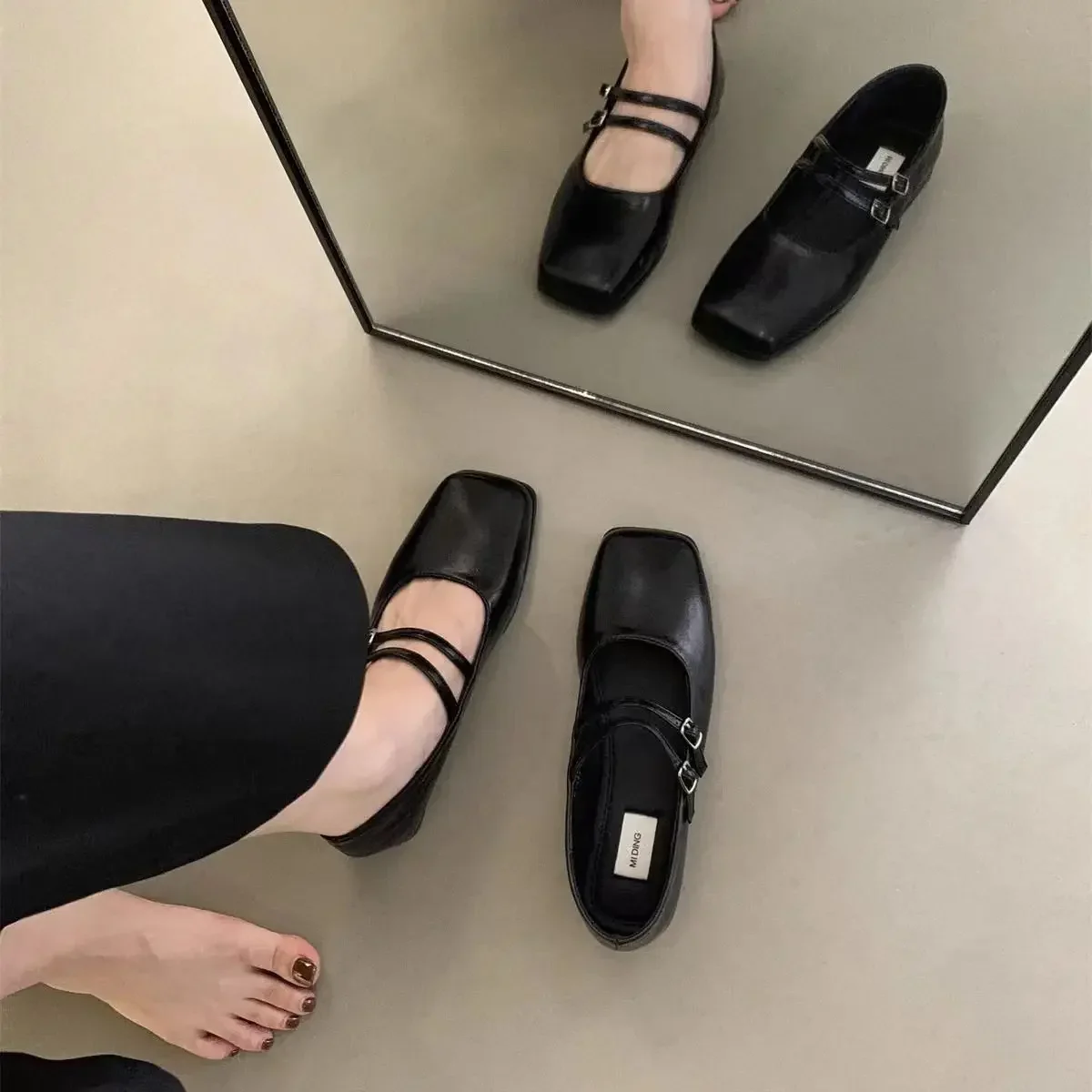 Shoes for Women Fashion One-word Buckle Women's Flats Spring Square Toe Solid Shallow Mouth Dress Daily Mary Jane Shoes