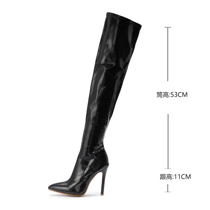 NEW  Fashion Striped 11CM Thin Heels Ladies Boots 2023 Spring Sexy Over-the-Knee Side Zipper Slip-On Pointed Toe Botas Shoes