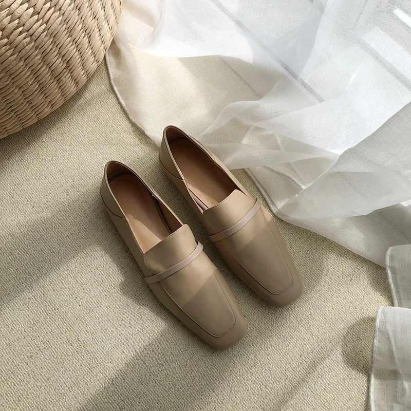 Cow Leather Square Toe Women Flats Casual Loafers Women Shoe Without Heel 2025 New Spring Autumn Mules Woman Simple White Shoes