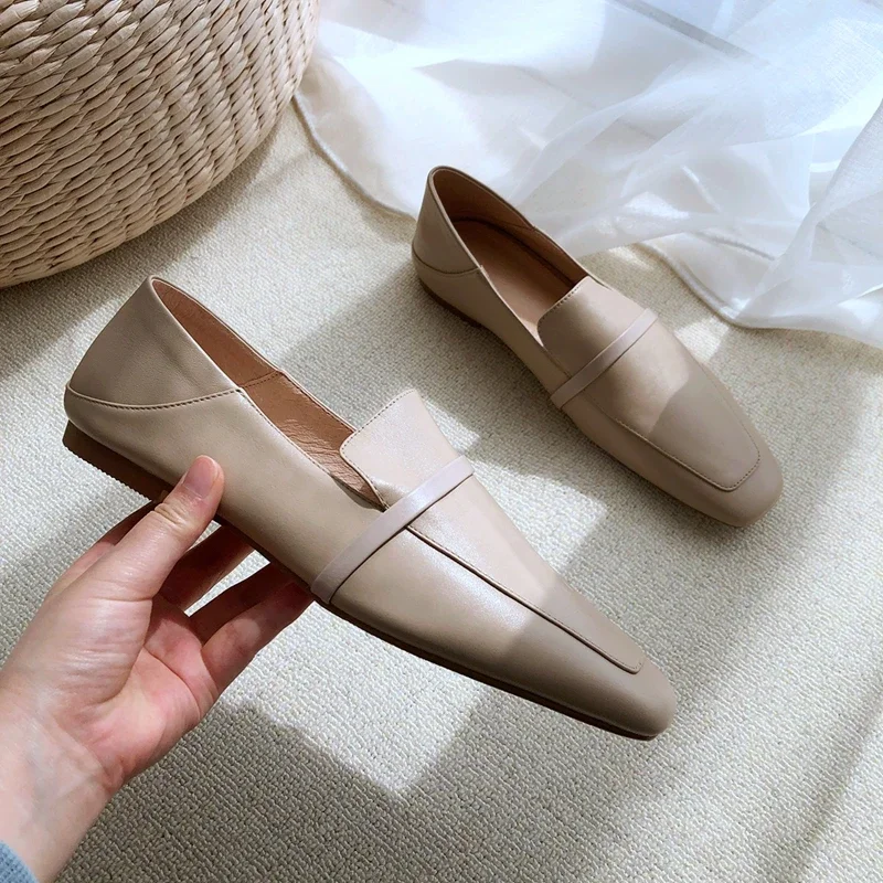 Cow Leather Square Toe Women Flats Casual Loafers Women Shoe Without Heel 2025 New Spring Autumn Mules Woman Simple White Shoes