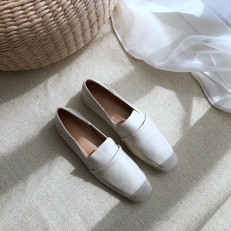 Cow Leather Square Toe Women Flats Casual Loafers Women Shoe Without Heel 2025 New Spring Autumn Mules Woman Simple White Shoes