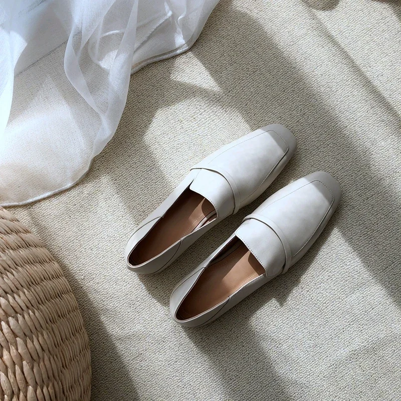 Cow Leather Square Toe Women Flats Casual Loafers Women Shoe Without Heel 2025 New Spring Autumn Mules Woman Simple White Shoes