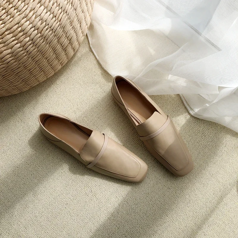 Cow Leather Square Toe Women Flats Casual Loafers Women Shoe Without Heel 2025 New Spring Autumn Mules Woman Simple White Shoes