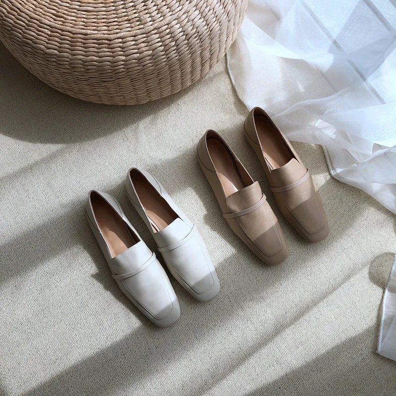 Cow Leather Square Toe Women Flats Casual Loafers Women Shoe Without Heel 2025 New Spring Autumn Mules Woman Simple White Shoes