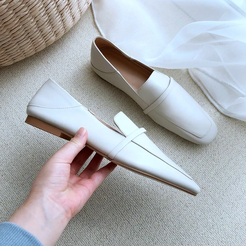 Cow Leather Square Toe Women Flats Casual Loafers Women Shoe Without Heel 2025 New Spring Autumn Mules Woman Simple White Shoes