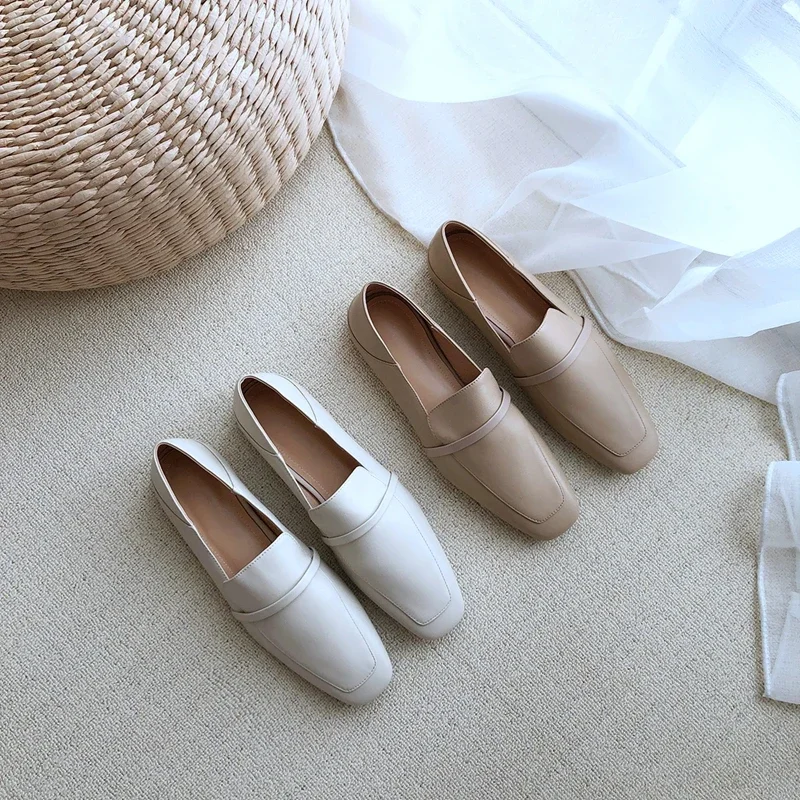 Cow Leather Square Toe Women Flats Casual Loafers Women Shoe Without Heel 2025 New Spring Autumn Mules Woman Simple White Shoes