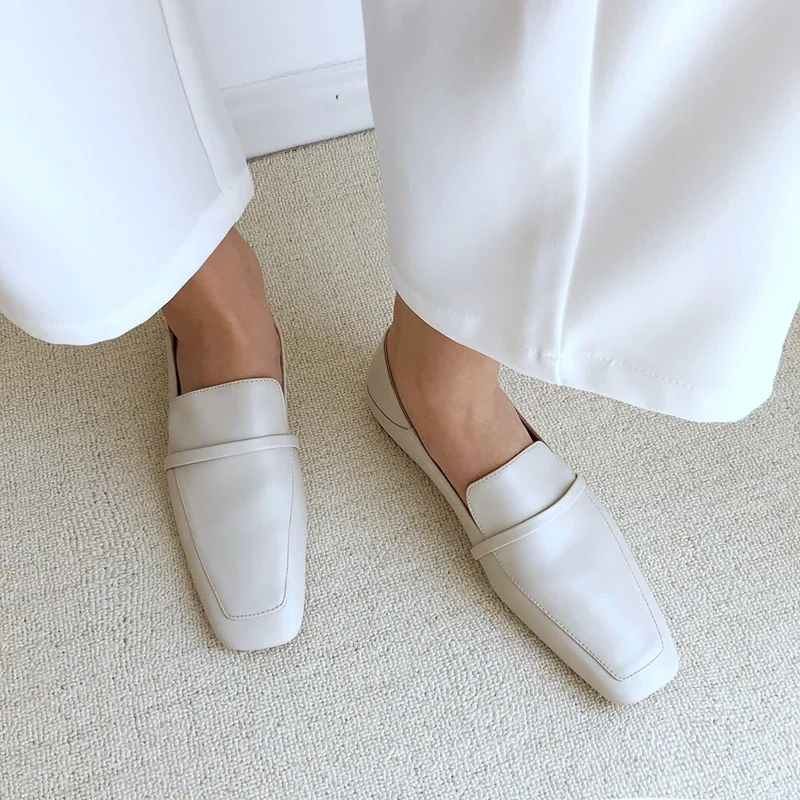 Cow Leather Square Toe Women Flats Casual Loafers Women Shoe Without Heel 2025 New Spring Autumn Mules Woman Simple White Shoes