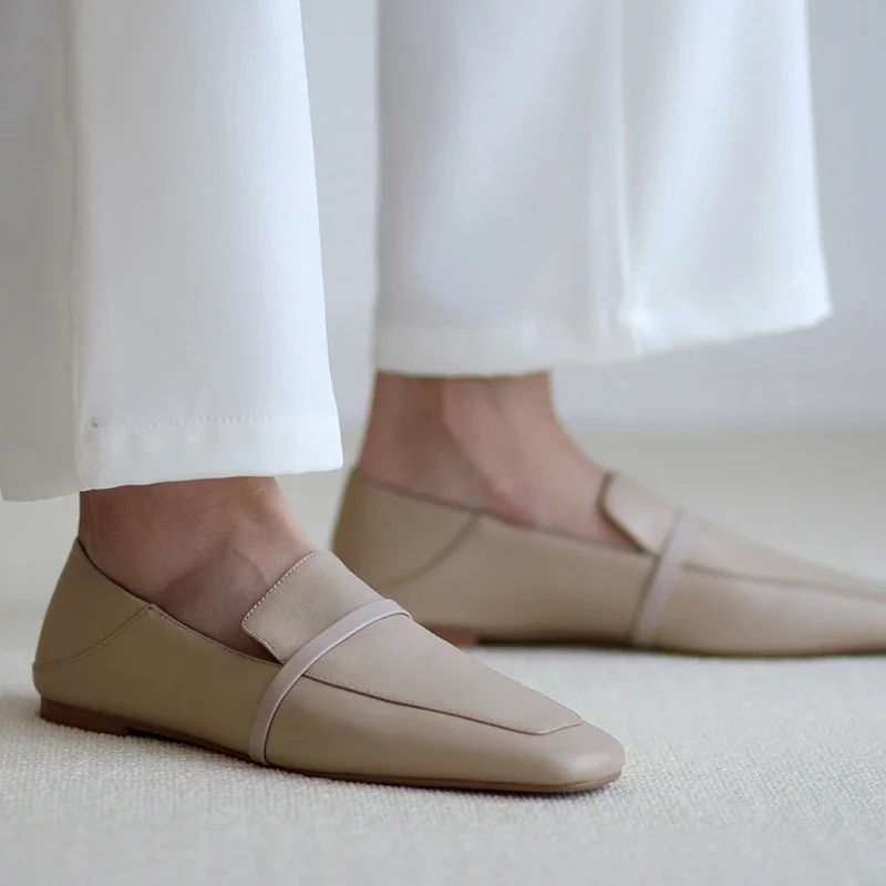Cow Leather Square Toe Women Flats Casual Loafers Women Shoe Without Heel 2025 New Spring Autumn Mules Woman Simple White Shoes