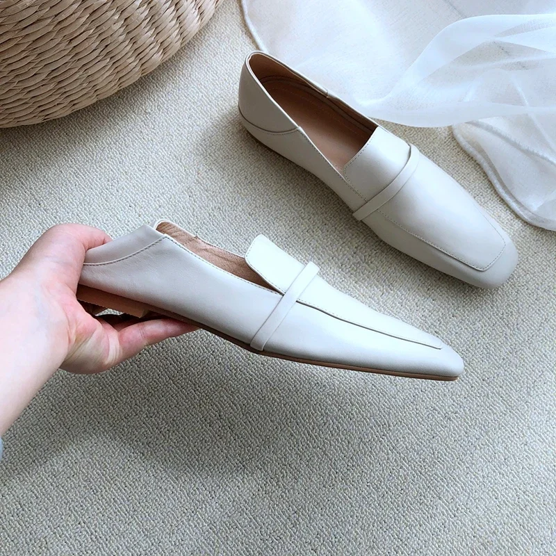 Cow Leather Square Toe Women Flats Casual Loafers Women Shoe Without Heel 2025 New Spring Autumn Mules Woman Simple White Shoes