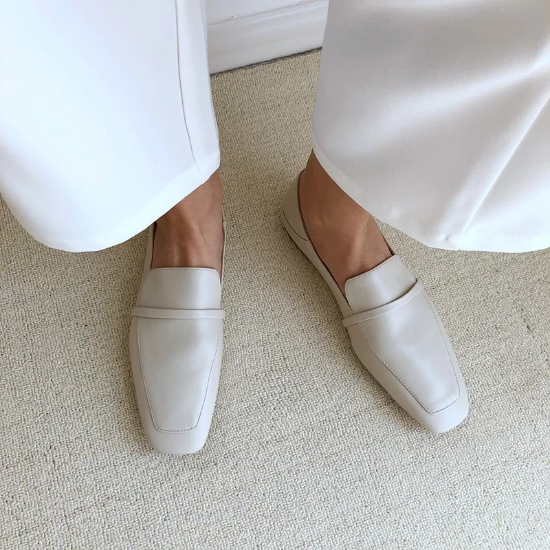 Cow Leather Square Toe Women Flats Casual Loafers Women Shoe Without Heel 2025 New Spring Autumn Mules Woman Simple White Shoes