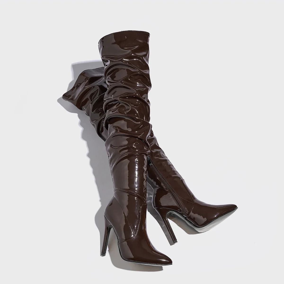 Sharp Pointed Patent Leather Fashionable Women's Boots Model Walking High Heels Boots Brown High Top Knee Size Sharp Pointed Patent Leather Fashionable Women's Boots Model Walking High Heels Boots Brown High Top Knee Size