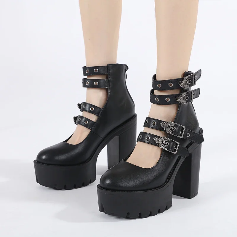 Women Block Heels for Halloween Fashion Buckle Strap Dress Pumps Platform Mary Jane Shoes Stylish Back Zipper