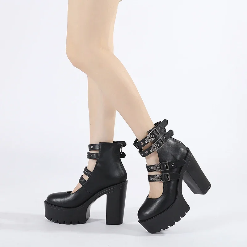 Women Block Heels for Halloween Fashion Buckle Strap Dress Pumps Platform Mary Jane Shoes Stylish Back Zipper