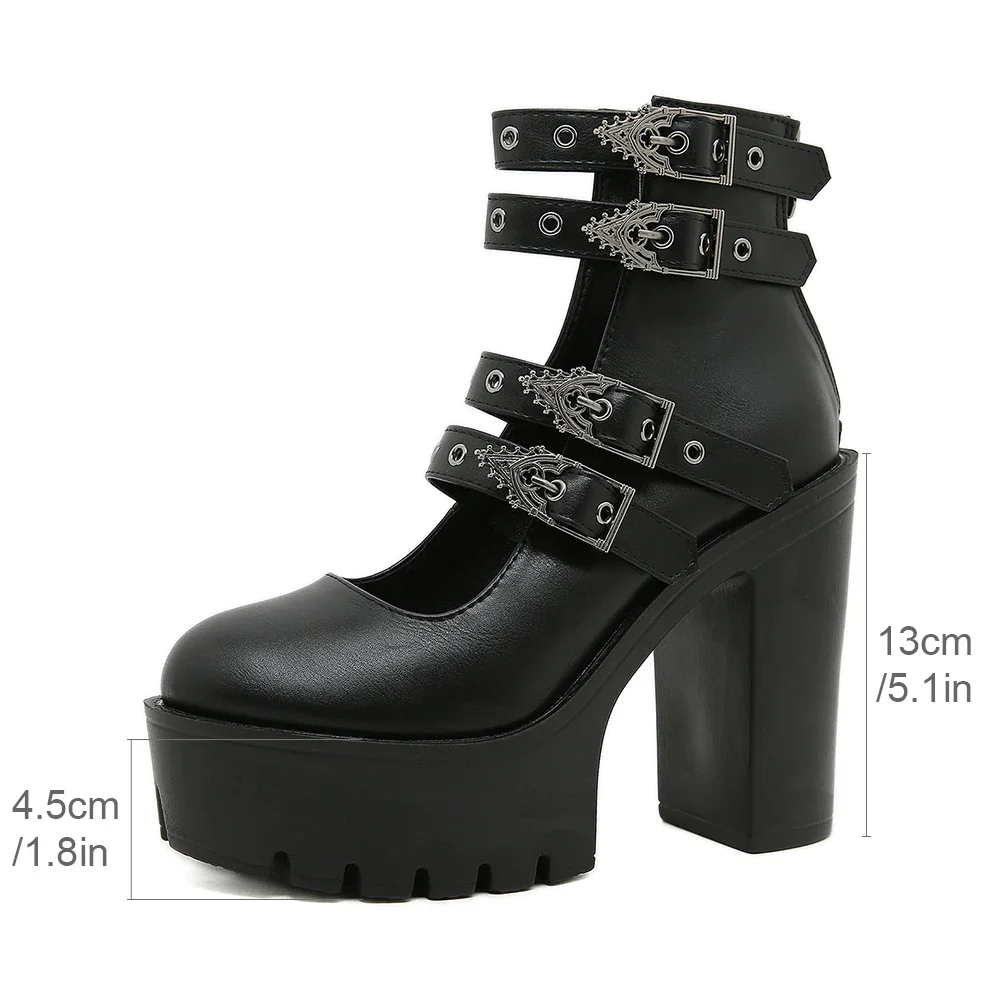 Women Block Heels for Halloween Fashion Buckle Strap Dress Pumps Platform Mary Jane Shoes Stylish Back Zipper