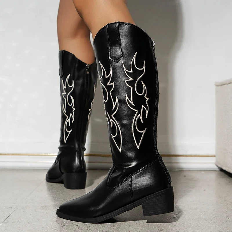 Embroidered Black Long Boots Women 2023 Autumn Pu Leather Knee High Boots Woman Plus Size 43 High Heels Cowboy Shoes Botas Mujer