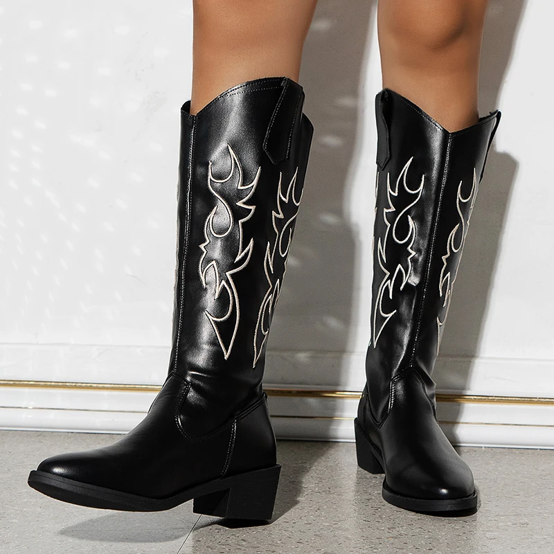Embroidered Black Long Boots Women 2023 Autumn Pu Leather Knee High Boots Woman Plus Size 43 High Heels Cowboy Shoes Botas Mujer