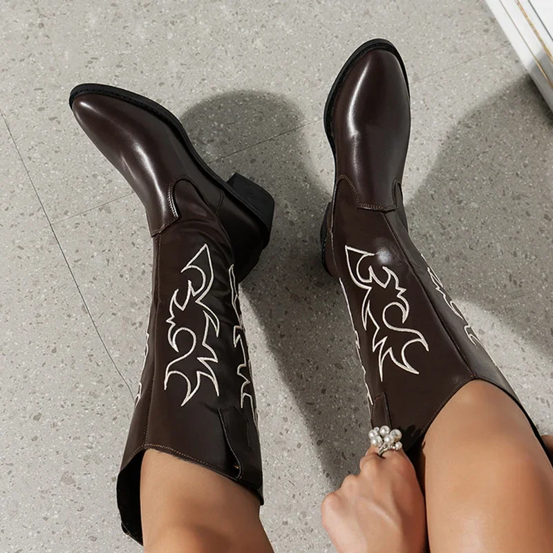 Embroidered Black Long Boots Women 2023 Autumn Pu Leather Knee High Boots Woman Plus Size 43 High Heels Cowboy Shoes Botas Mujer