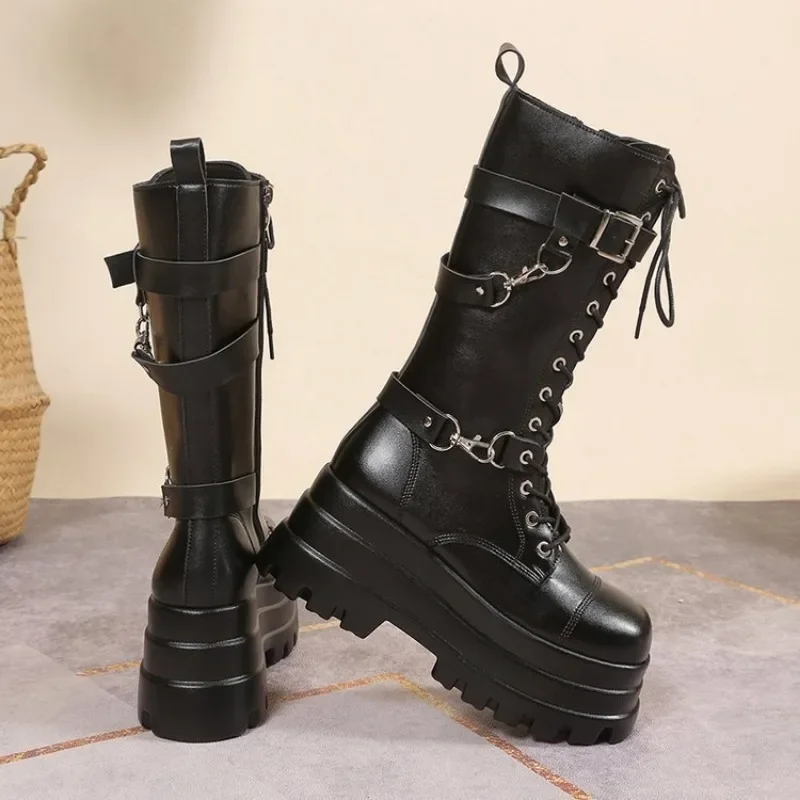 Plus Size 43 Autumn Women Boots Buckle Round Toe Wedges Platform Boots Punk Goth INS Women Street Shoes Combat Boots for Women