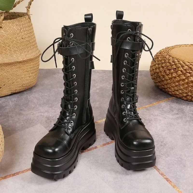 Plus Size 43 Autumn Women Boots Buckle Round Toe Wedges Platform Boots Punk Goth INS Women Street Shoes Combat Boots for Women