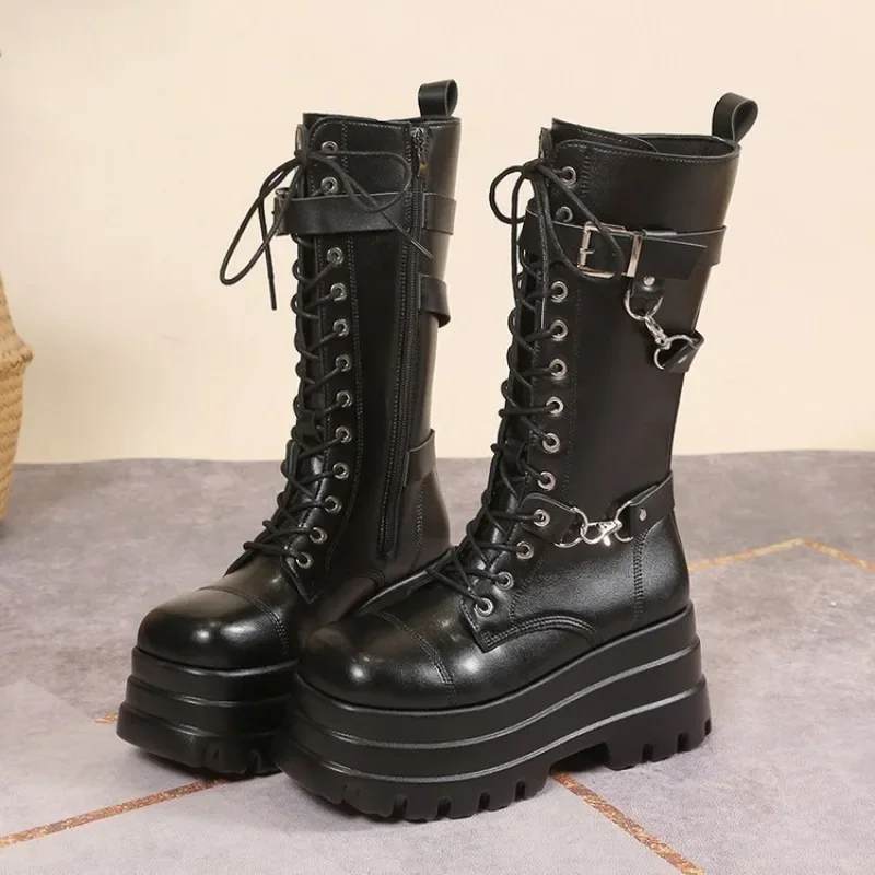 Plus Size 43 Autumn Women Boots Buckle Round Toe Wedges Platform Boots Punk Goth INS Women Street Shoes Combat Boots for Women