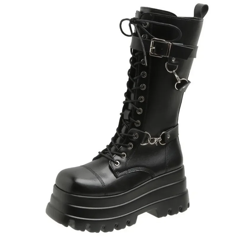 Plus Size 43 Autumn Women Boots Buckle Round Toe Wedges Platform Boots Punk Goth INS Women Street Shoes Combat Boots for Women