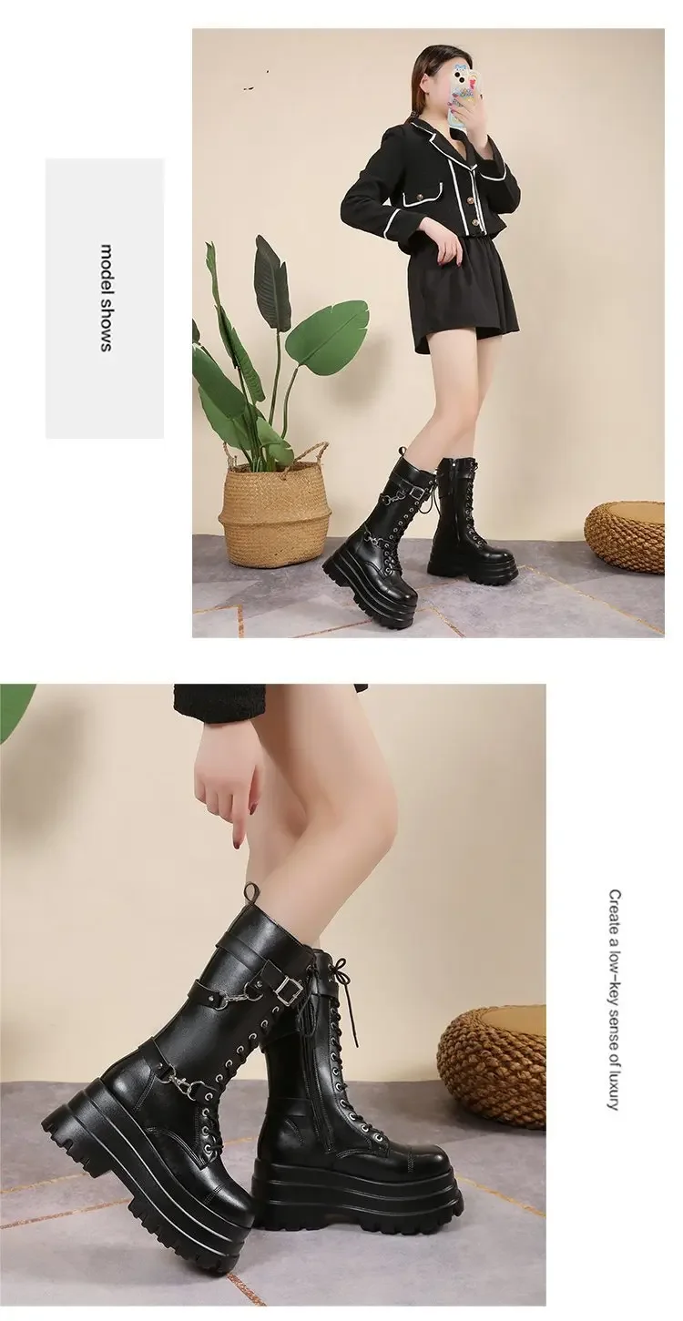 Plus Size 43 Autumn Women Boots Buckle Round Toe Wedges Platform Boots Punk Goth INS Women Street Shoes Combat Boots for Women Plus Size 43 Autumn Women Boots Buckle Round Toe Wedges Platform Boots Punk Goth INS Women Street Shoes Combat Boots for Women