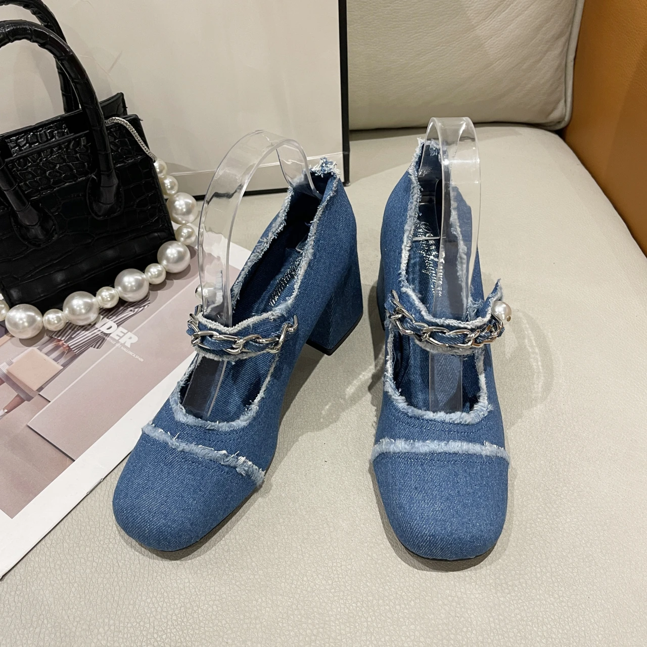 Round Toe High Heel Sandals Women Denim Cloth Pearl Metal Chain Decor Single Shoes Slingback Pumps Spring Retro Party blue Shoes Round Toe High Heel Sandals Women Denim Cloth Pearl Metal Chain Decor Single Shoes Slingback Pumps Spring Retro Party blue Shoes