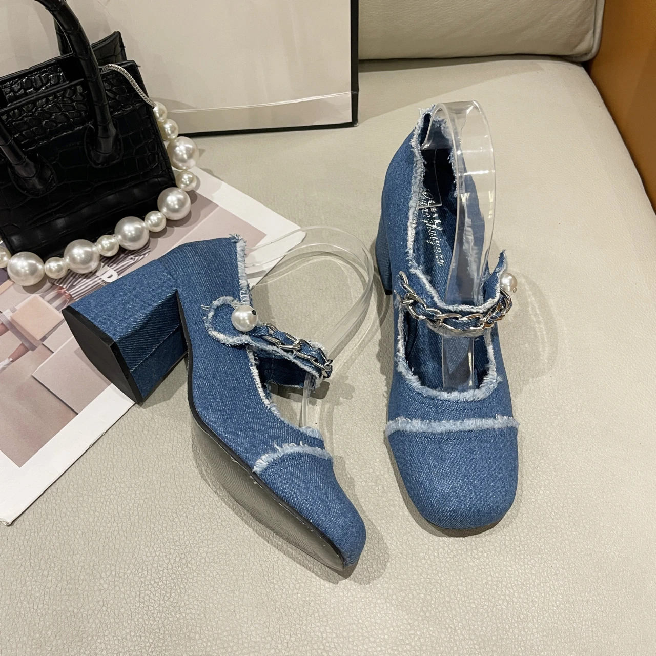 Round Toe High Heel Sandals Women Denim Cloth Pearl Metal Chain Decor Single Shoes Slingback Pumps Spring Retro Party blue Shoes Round Toe High Heel Sandals Women Denim Cloth Pearl Metal Chain Decor Single Shoes Slingback Pumps Spring Retro Party blue Shoes
