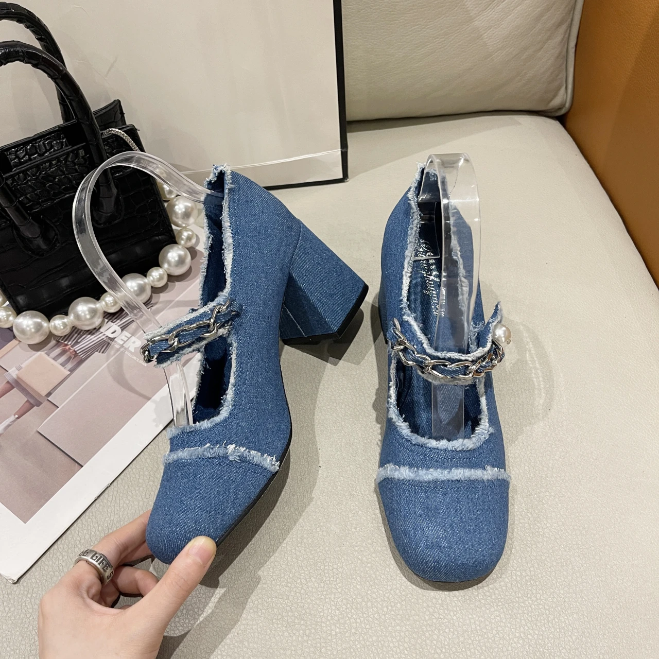 Round Toe High Heel Sandals Women Denim Cloth Pearl Metal Chain Decor Single Shoes Slingback Pumps Spring Retro Party blue Shoes Round Toe High Heel Sandals Women Denim Cloth Pearl Metal Chain Decor Single Shoes Slingback Pumps Spring Retro Party blue Shoes