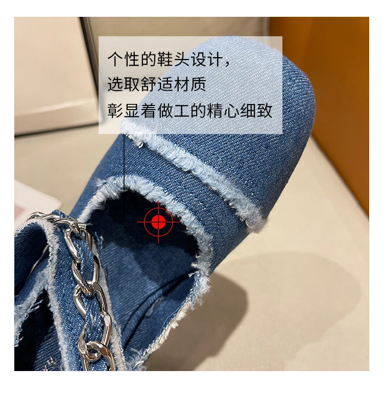 Round Toe High Heel Sandals Women Denim Cloth Pearl Metal Chain Decor Single Shoes Slingback Pumps Spring Retro Party blue Shoes Round Toe High Heel Sandals Women Denim Cloth Pearl Metal Chain Decor Single Shoes Slingback Pumps Spring Retro Party blue Shoes