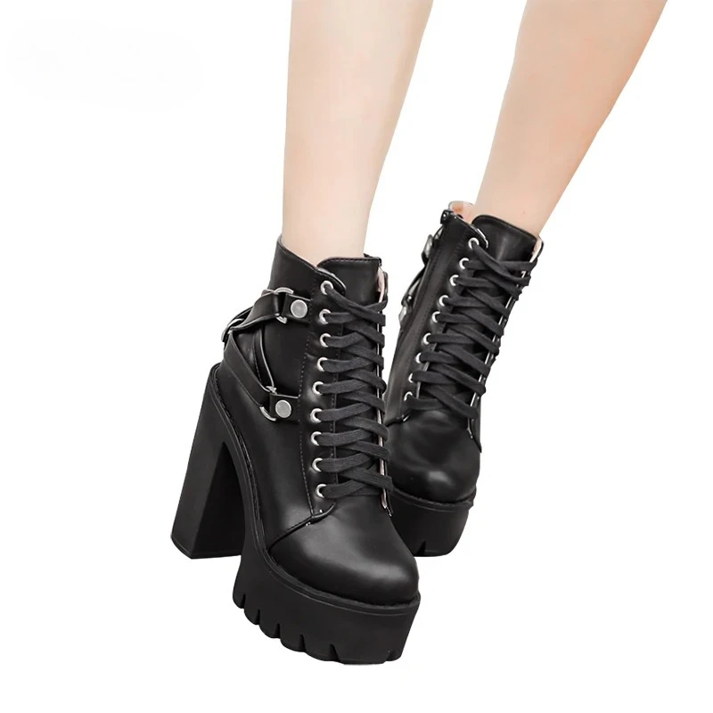 Fashion Black Boots Women Heel Spring Autumn Lace-up Soft Leather Platform Shoes Woman Party Ankle Boots High Heels Punk Fashion Black Boots Women Heel Spring Autumn Lace-up Soft Leather Platform Shoes Woman Party Ankle Boots High Heels Punk